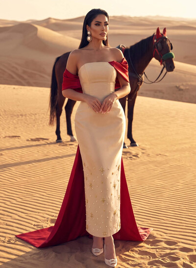Unique Off-The-Shoulder Satin Evening Dresses With Rhinestone