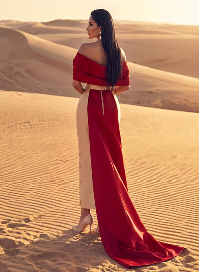 Unique Off-The-Shoulder Satin Evening Dresses With Rhinestone