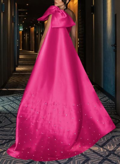 Unique One-Shoulder Sweep Train Satin Evening Dresses With Bow(s)