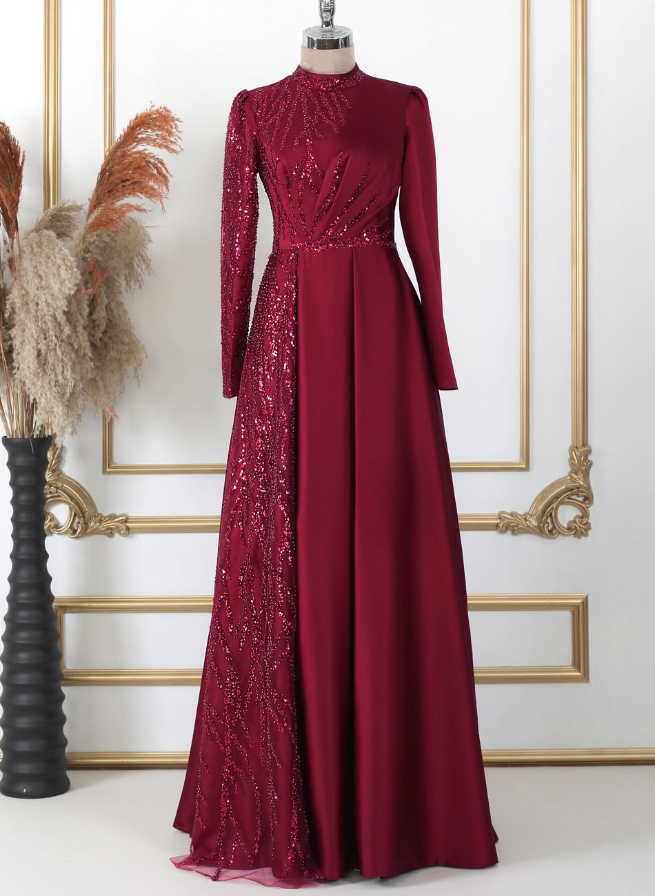 Elegant A-Line High Neck Long Sleeves Satin/Sequined Evening Dresses