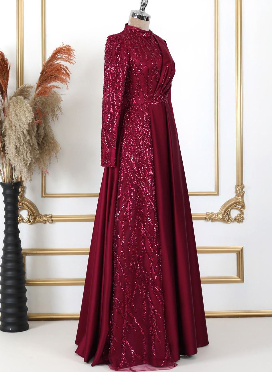 Elegant A-Line High Neck Long Sleeves Satin/Sequined Evening Dresses