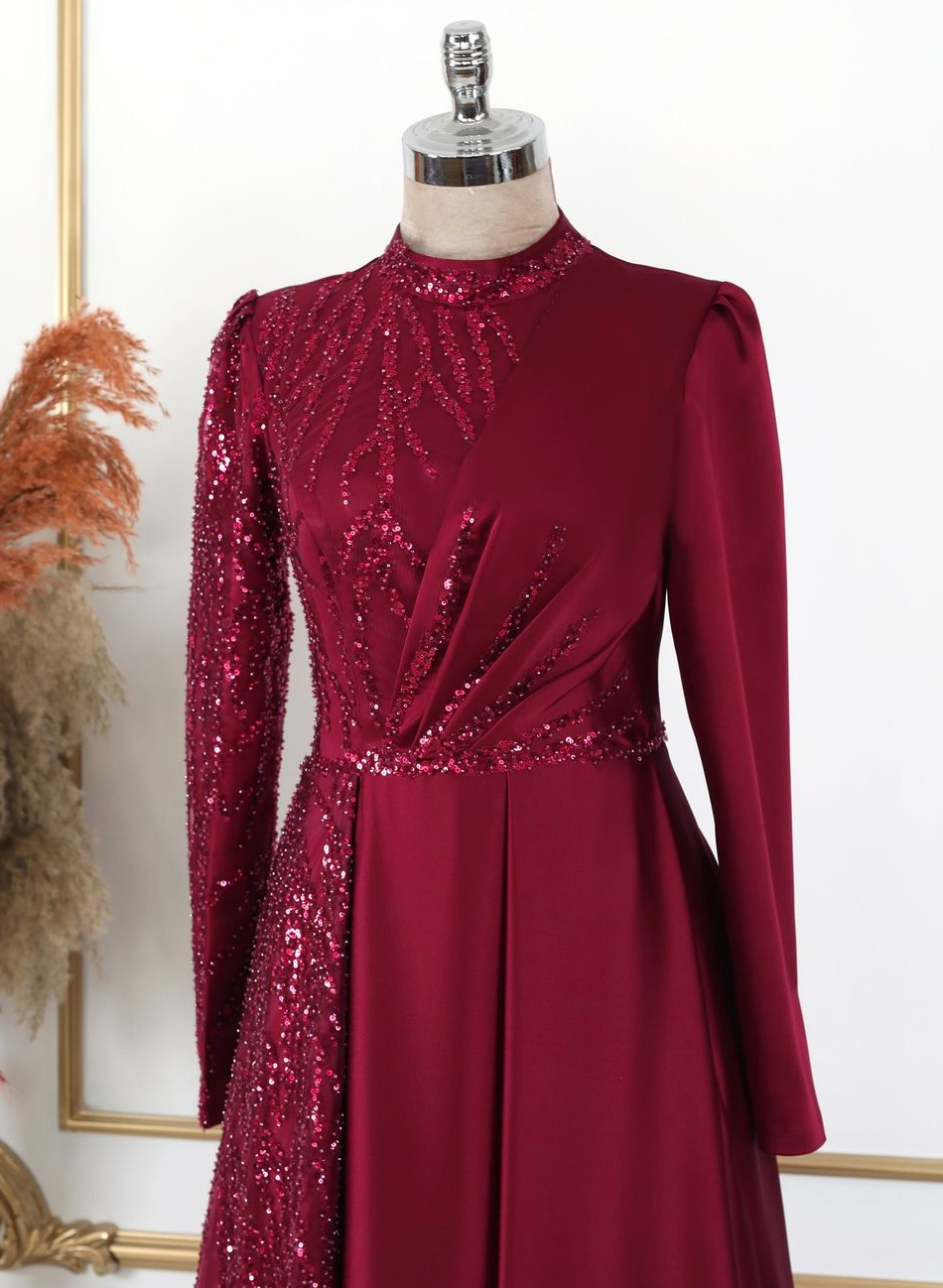 Elegant A-Line High Neck Long Sleeves Satin/Sequined Evening Dresses