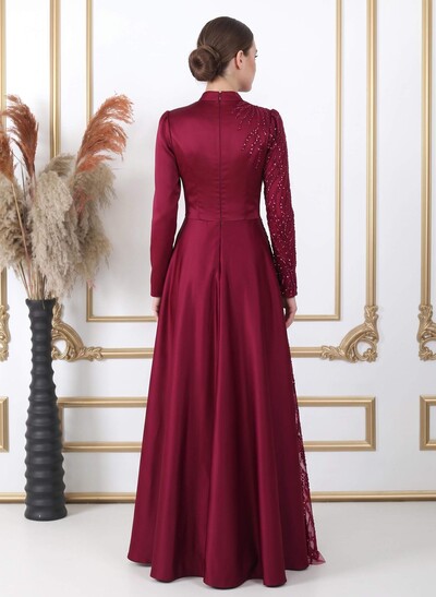 Elegant A-Line High Neck Long Sleeves Satin/Sequined Evening Dresses
