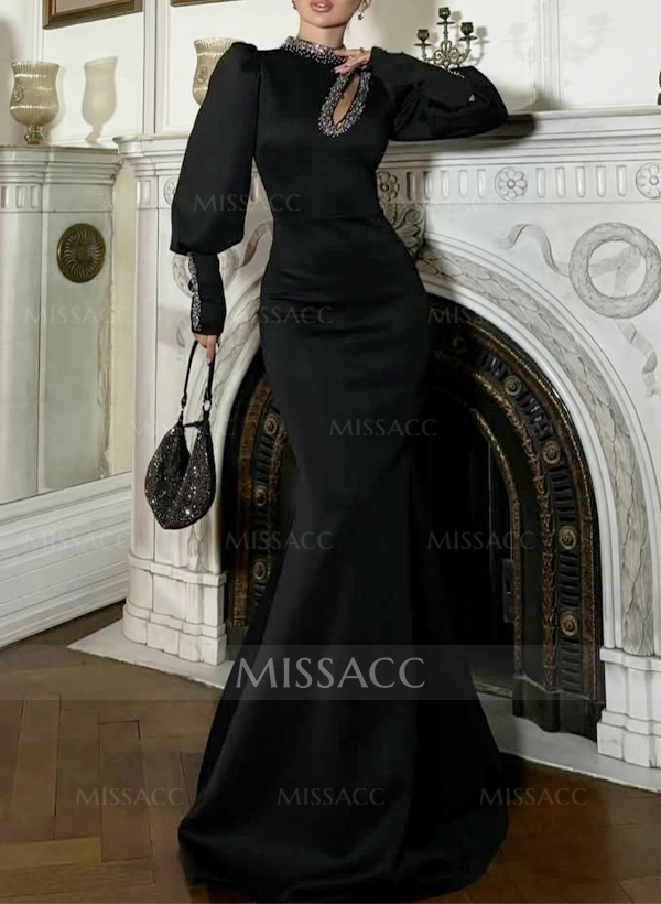 Modest Trumpet Long Lantern Sleeves Outcut Halter Crepe Satin Evening Dresses
