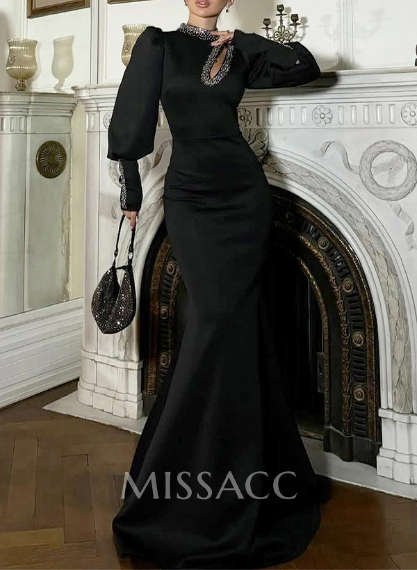 Modest Trumpet Long Lantern Sleeves Outcut Halter Crepe Satin Evening Dresses