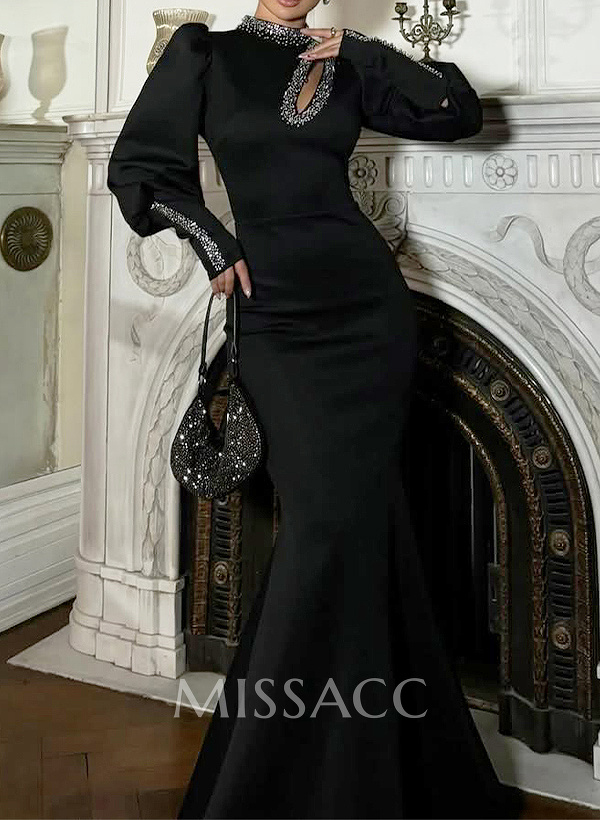 Modest Trumpet Long Lantern Sleeves Outcut Halter Crepe Satin Evening Dresses
