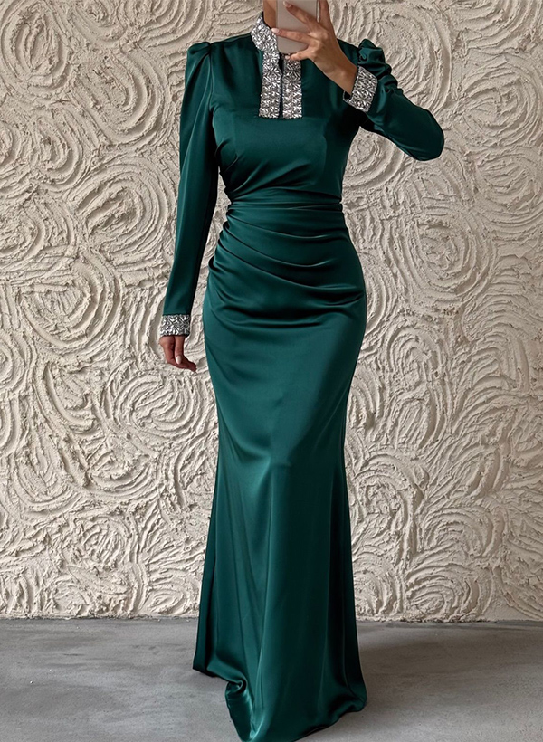 Flattering Halter Puffy Long Sleeves Satin Evening Dresses With Rhinestone