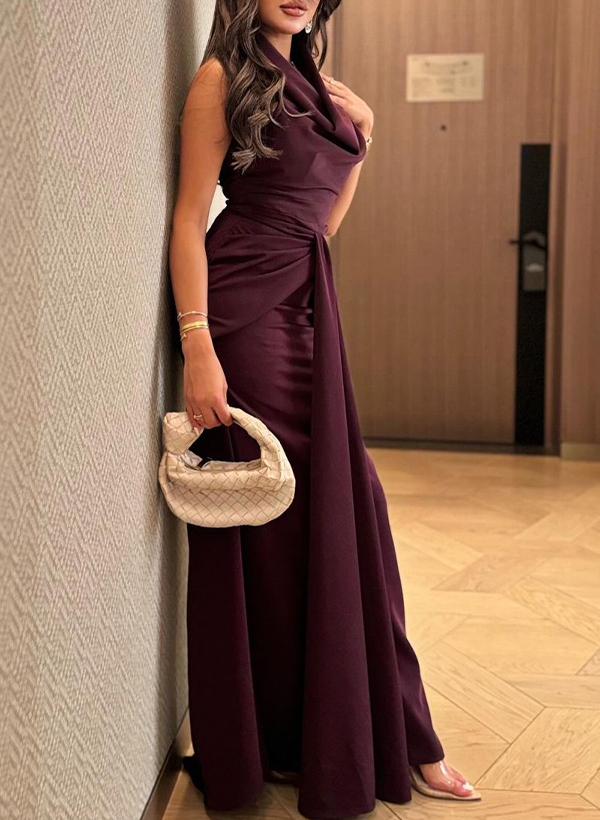 Elegant Cowl Neck Elastic Satin Evening Dresses With Sweeping Front Drape