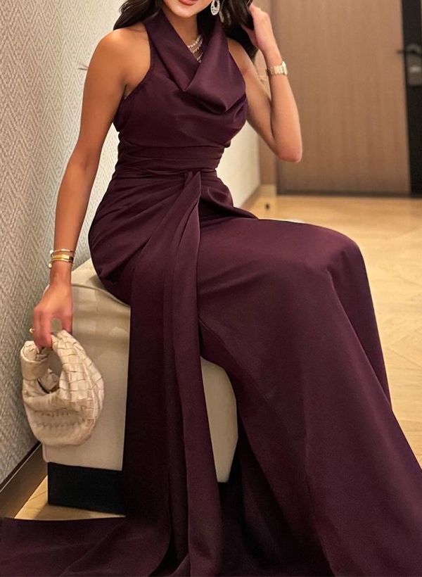 Elegant Cowl Neck Elastic Satin Evening Dresses With Sweeping Front Drape