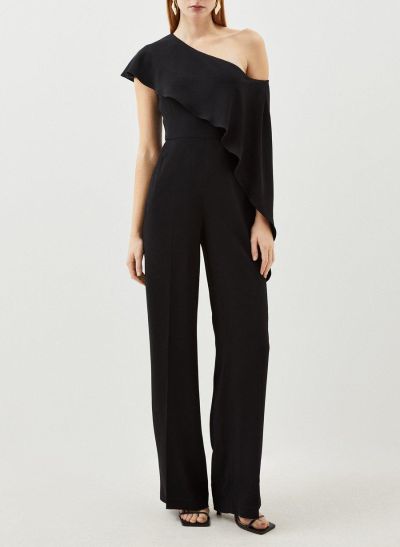 Unique Jumpsuit/Pantsuit Asymmetrical Cape Sleeves Elastic Satin Evening Dresses With Ruffle