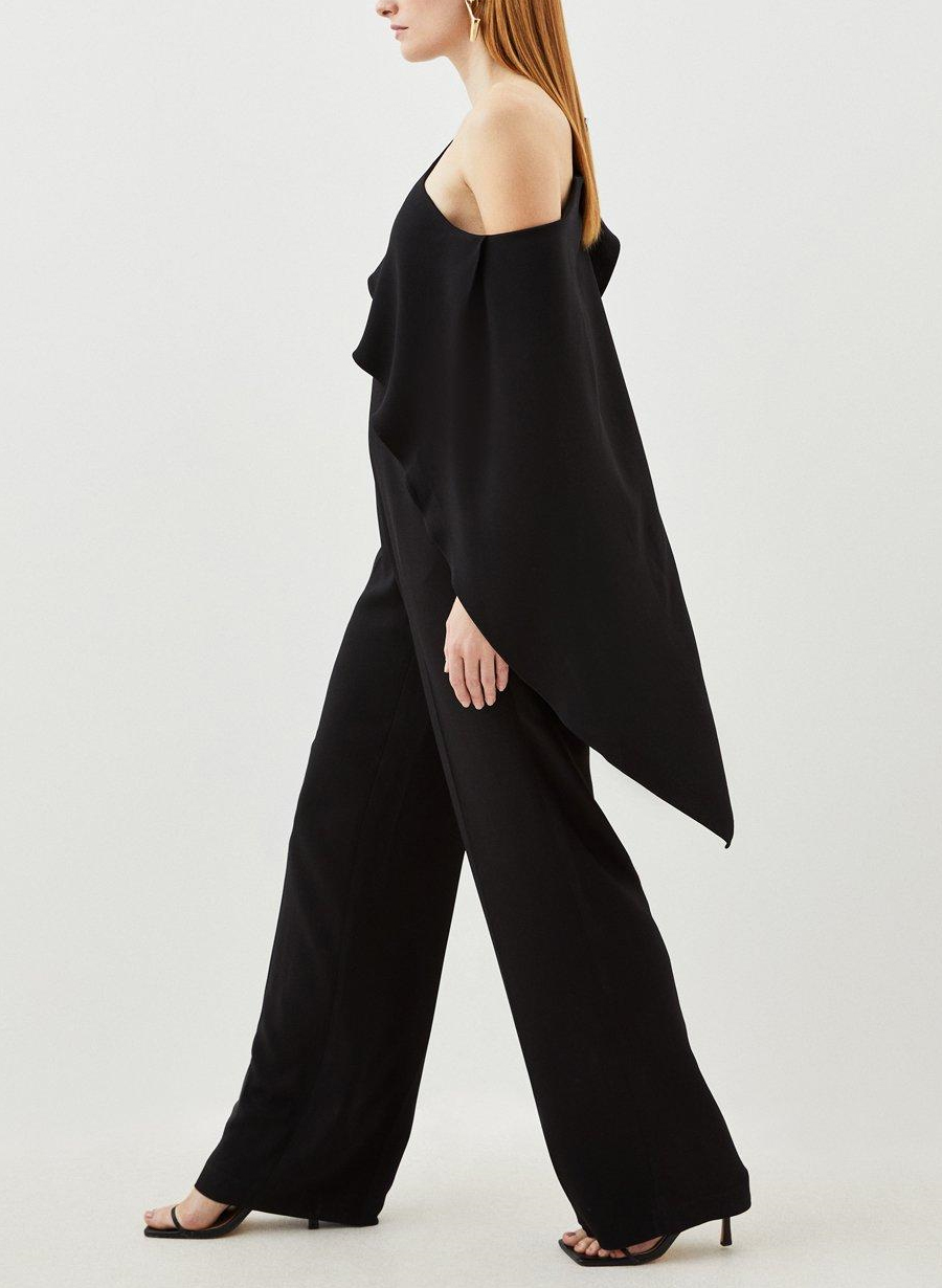 Unique Jumpsuit/Pantsuit Asymmetrical Cape Sleeves Elastic Satin Evening Dresses With Ruffle