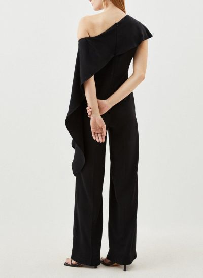 Unique Jumpsuit/Pantsuit Asymmetrical Cape Sleeves Elastic Satin Evening Dresses With Ruffle