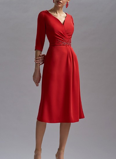 Classic  V-Neck Long Sleeves Tea-Length Elastic Satin Evening Dresses