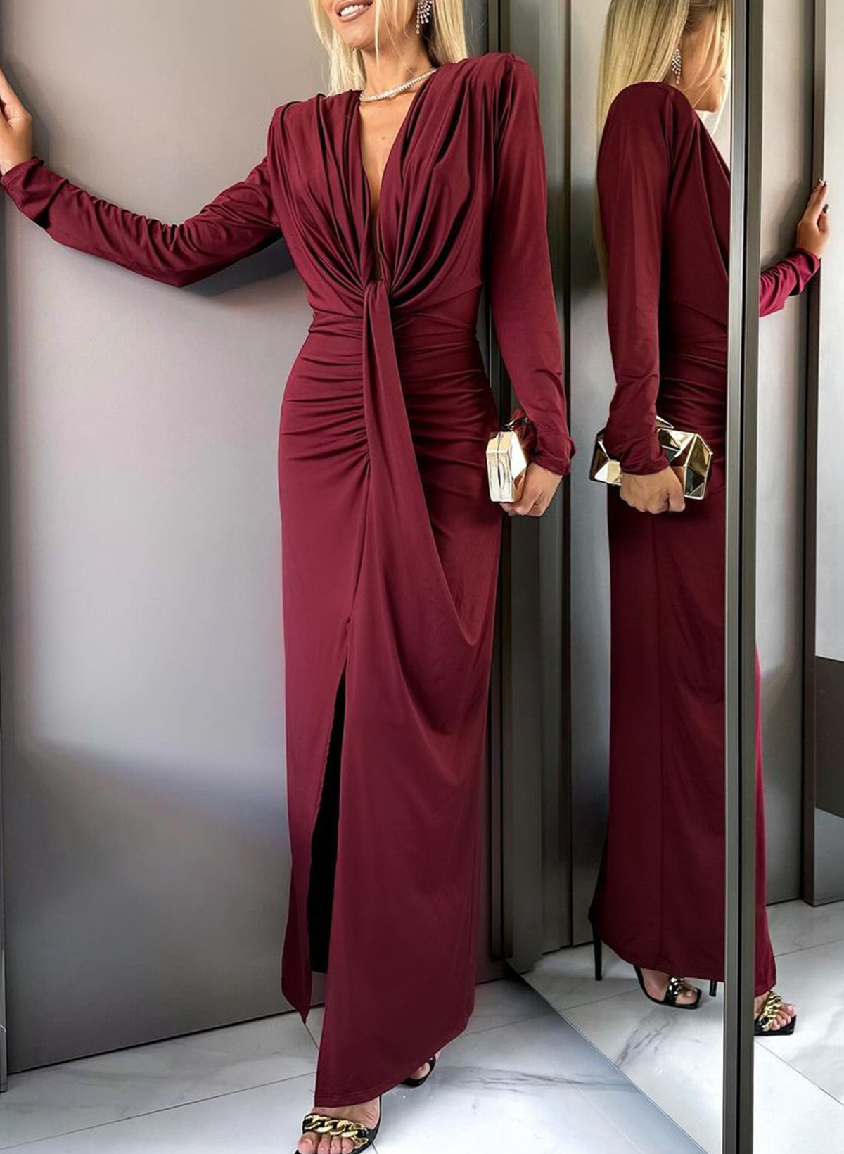 Modest V-Neck Long Sleeves Elastic Satin Evening Dresses With Split Front