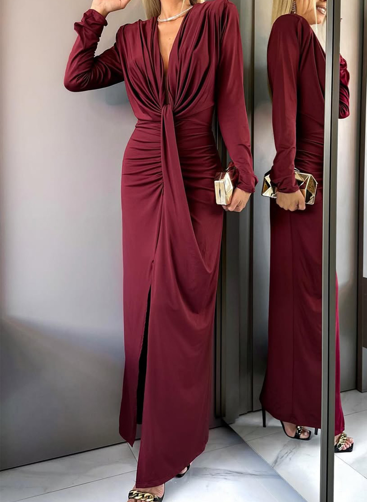 Modest V-Neck Long Sleeves Elastic Satin Evening Dresses With Split Front