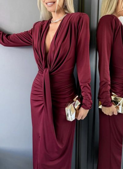 Modest V-Neck Long Sleeves Elastic Satin Evening Dresses With Split Front