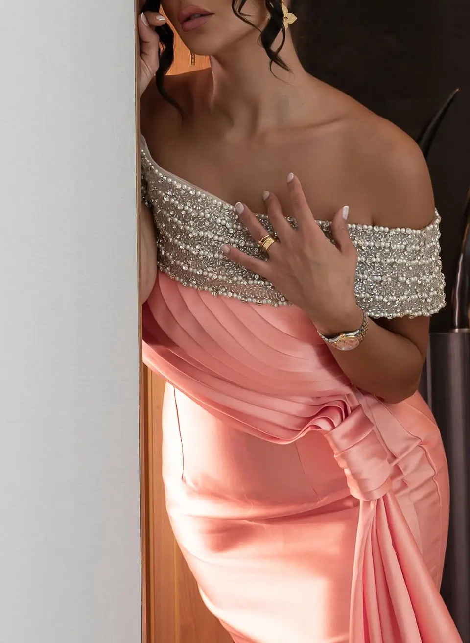 Luxury Handmade Beading Off Shoulder High Split Evening Dress YD22205 main image 0