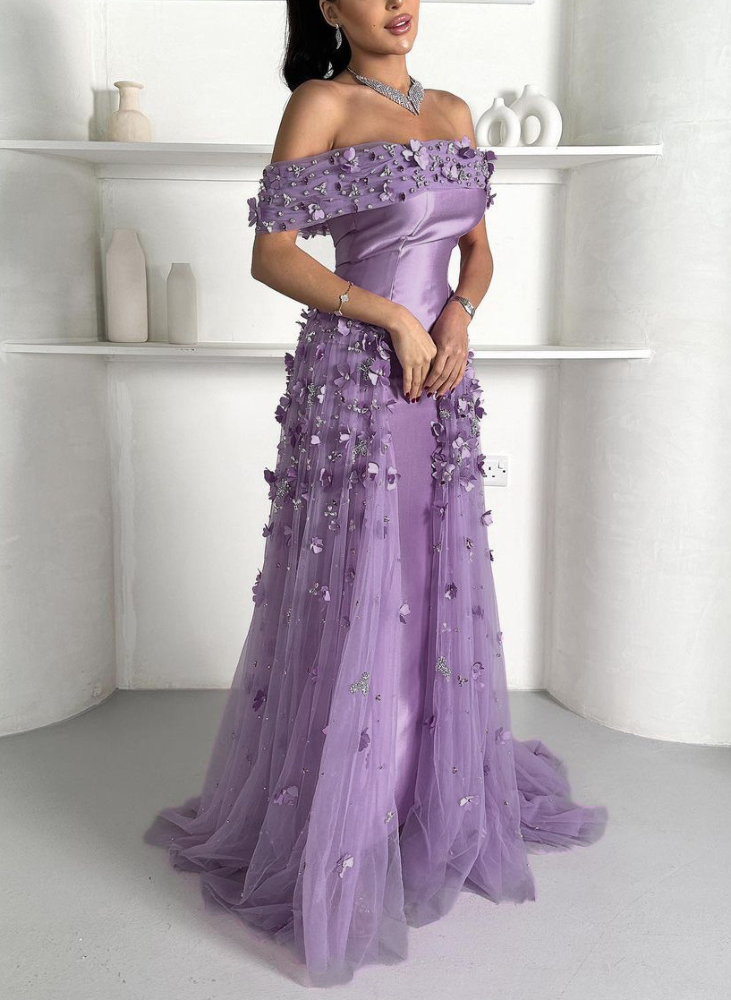 Dreamy Flower(s) Off-The-Shoulder Overskirt Tulle Sweep Train Satin Evening Dresses