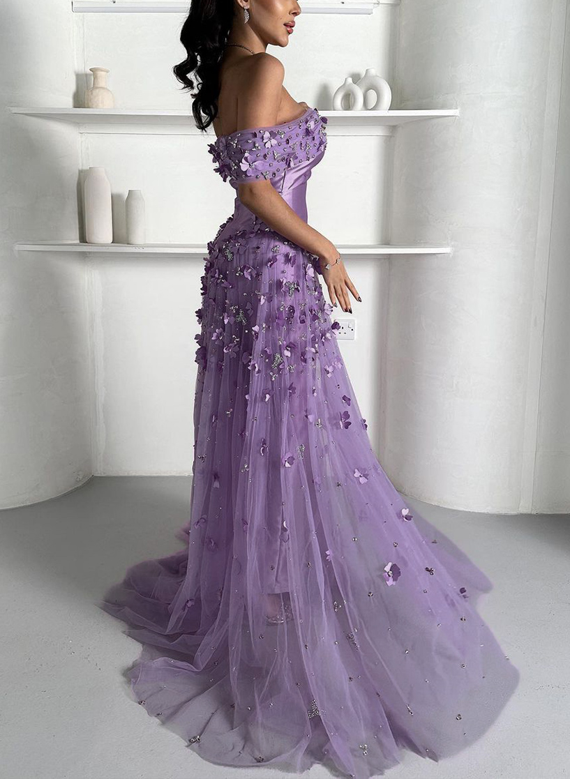 Dreamy Flower(s) Off-The-Shoulder Overskirt Tulle Sweep Train Satin Evening Dresses