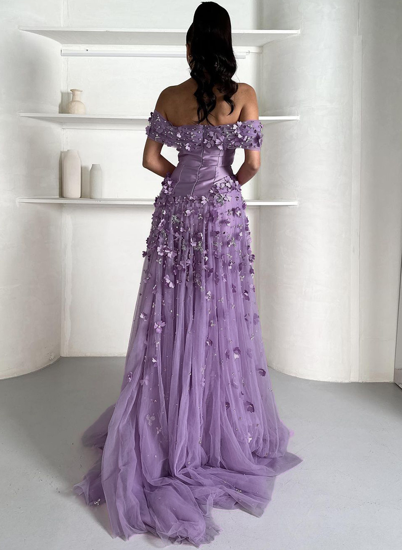 Dreamy Flower(s) Off-The-Shoulder Overskirt Tulle Sweep Train Satin Evening Dresses