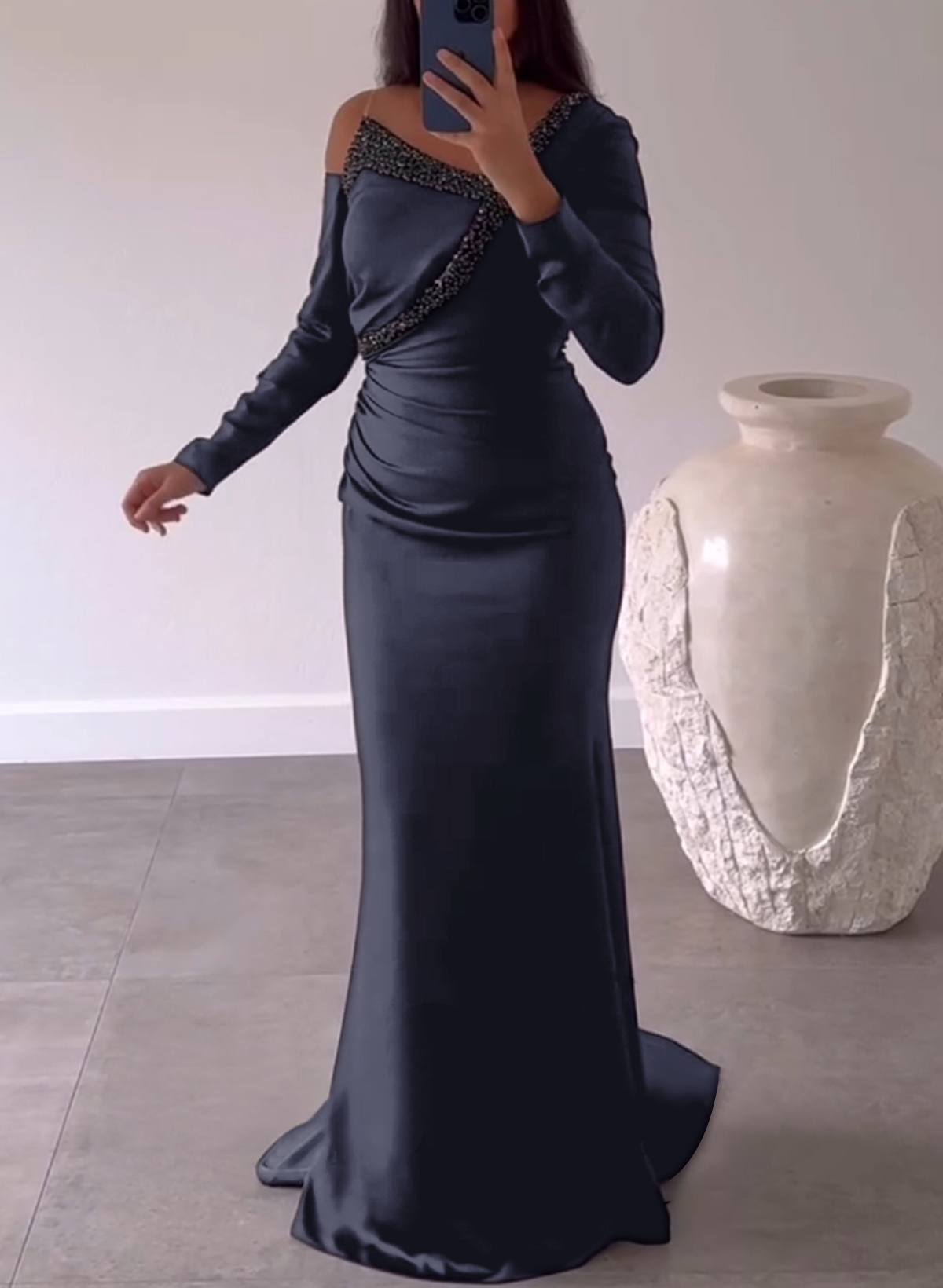 Unique Asymmetrical Long Sleeves Ruched Acetate Satin Evening Dresses