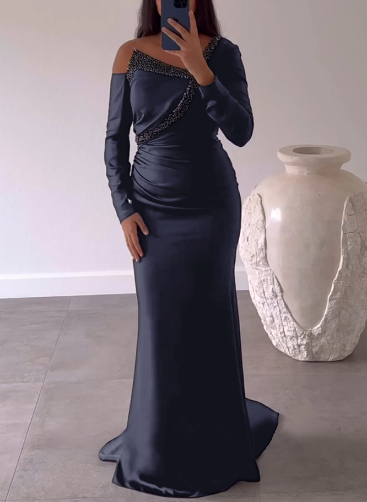 Unique Asymmetrical Long Sleeves Ruched Acetate Satin Evening Dresses