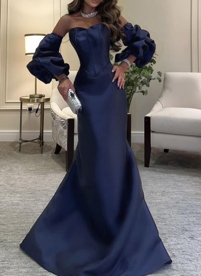 Elegant Corset Detachable Sleeves Sweetheart Sweep Train Satin Evening Dresses