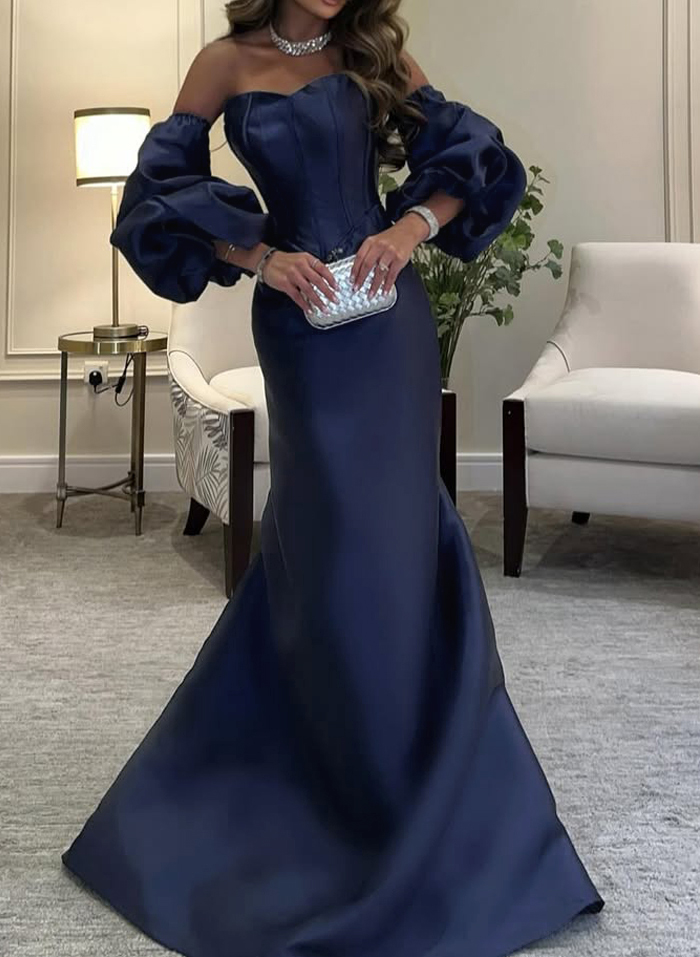 Elegant Corset Detachable Sleeves Sweetheart Sweep Train Satin Evening Dresses