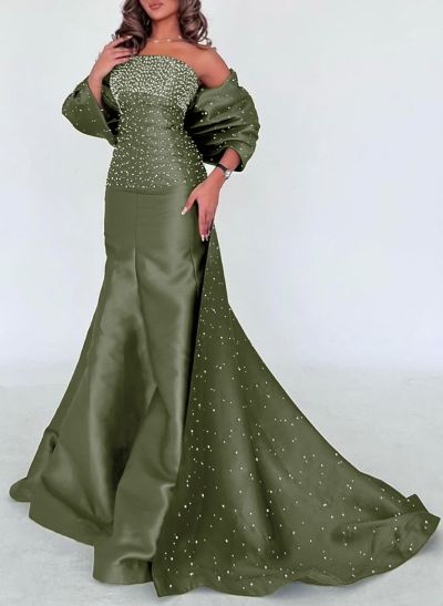 Sequins Beading Strapless Mermaid Court Train Satin Evening Dresses With Bow(s)