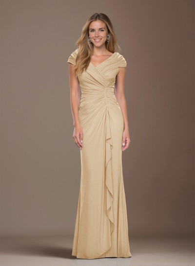 Modest Ruched V-Neck Chiffon Mother Of The Bride Dresses With Ruffle