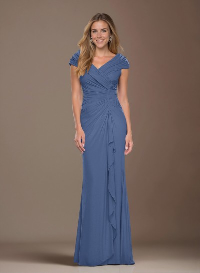 Modest Ruched V-Neck Chiffon Mother Of The Bride Dresses With Ruffle