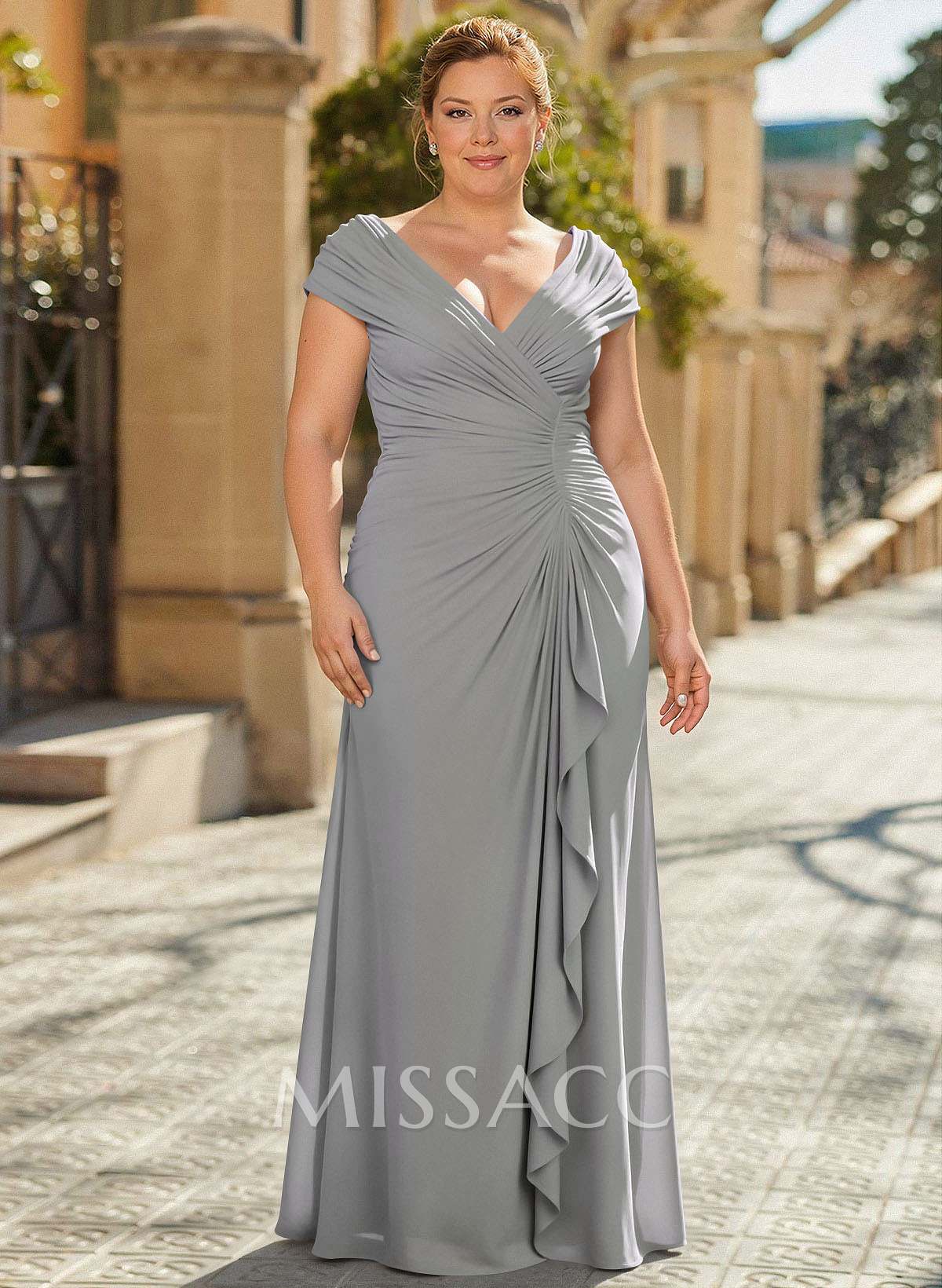 Modest Ruched V-Neck Chiffon Mother Of The Bride Dresses With Ruffle