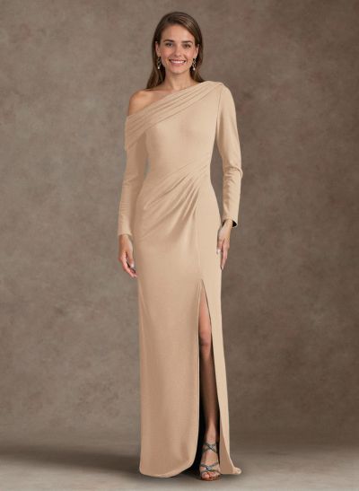 Simple Pleated Asymmetrical Long Sleeves Mother Of The Bride Dresses With High Split