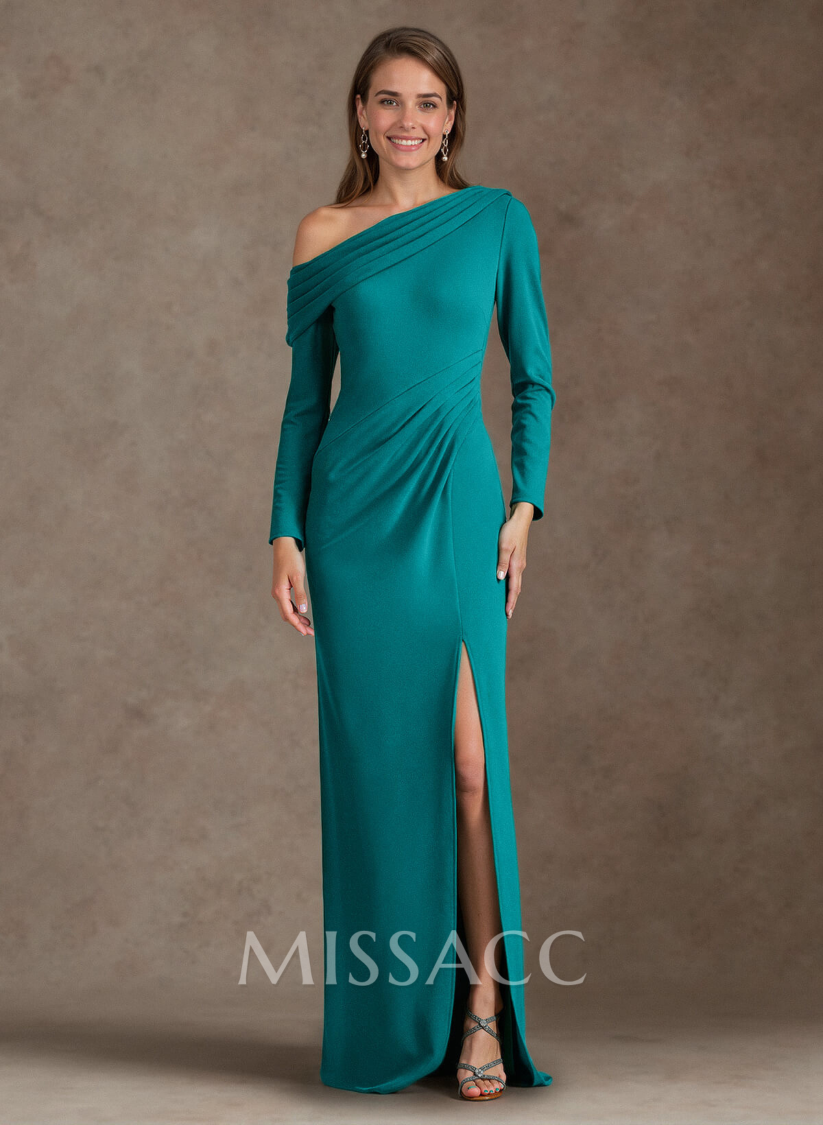 Simple Pleated Asymmetrical Long Sleeves Mother Of The Bride Dresses With High Split