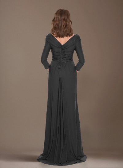 V-Neck Ruched Waist Jersey(High-Stretch) Mother Of The Bride Dresses With Ruffle