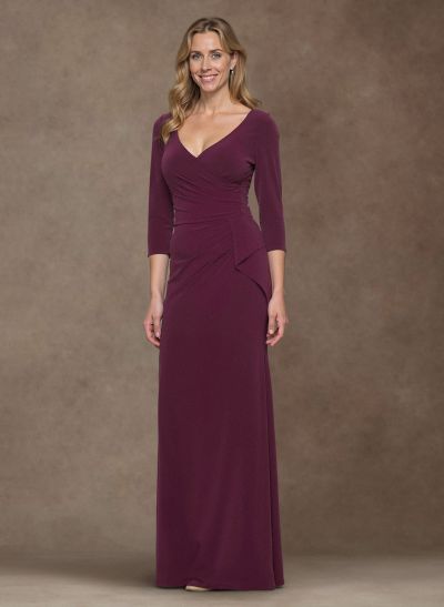 Simple V-Neck Floor-Length Jersey Mother Of The Bride Dresses With Ruffle