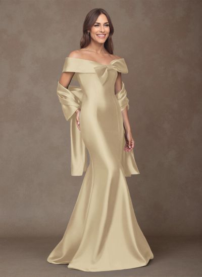 Elegant Off-The-Shoulder Fit And Flare Satin Mother Of The Bride Dresses With Bow(s)