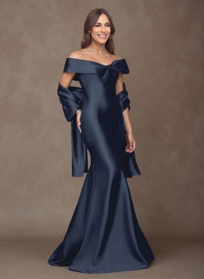 Elegant Off-The-Shoulder Fit And Flare Satin Mother Of The Bride Dresses With Bow(s)