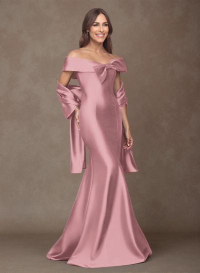 Elegant Off-The-Shoulder Fit And Flare Satin Mother Of The Bride Dresses With Bow(s)