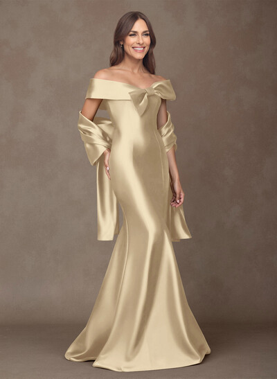 Elegant Off-The-Shoulder Fit And Flare Satin Mother Of The Bride Dresses With Bow(s)