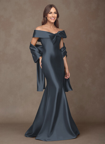 Elegant Off-The-Shoulder Fit And Flare Satin Mother Of The Bride Dresses With Bow(s)
