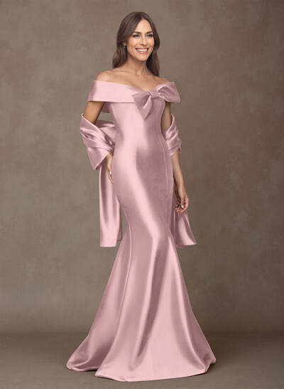 Elegant Off-The-Shoulder Fit And Flare Satin Mother Of The Bride Dresses With Bow(s)