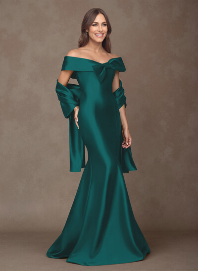 Elegant Off-The-Shoulder Fit And Flare Satin Mother Of The Bride Dresses With Bow(s)
