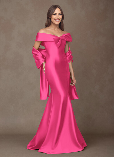 Elegant Off-The-Shoulder Fit And Flare Satin Mother Of The Bride Dresses With Bow(s)