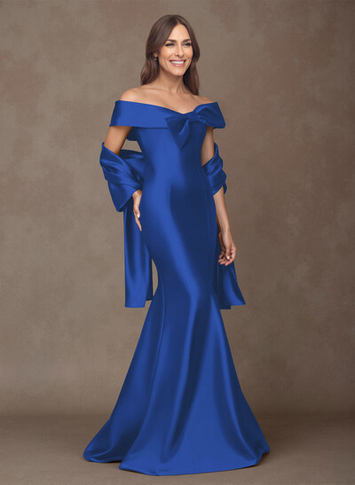 Elegant Off-The-Shoulder Fit And Flare Satin Mother Of The Bride Dresses With Bow(s)
