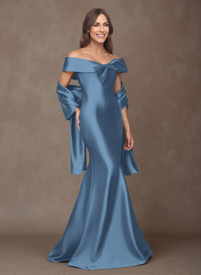 Elegant Off-The-Shoulder Fit And Flare Satin Mother Of The Bride Dresses With Bow(s)