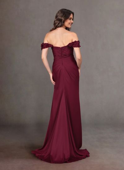 Elegant Ruched Off-The-Shoulder Floral Ruffle Silk Like Satin Mother Of The Bride Dresses