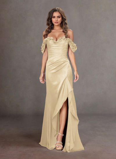 Elegant Ruched Off-The-Shoulder Floral Ruffle Silk Like Satin Mother Of The Bride Dresses