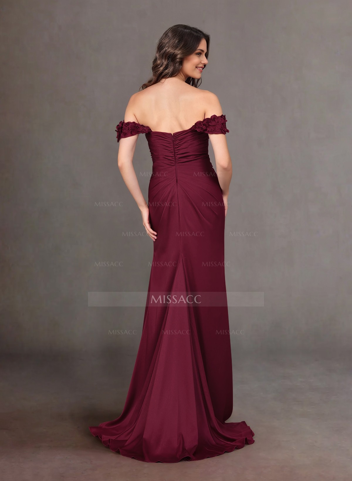 Elegant Ruched Off-The-Shoulder Floral Ruffle Silk Like Satin Mother Of The Bride Dresses