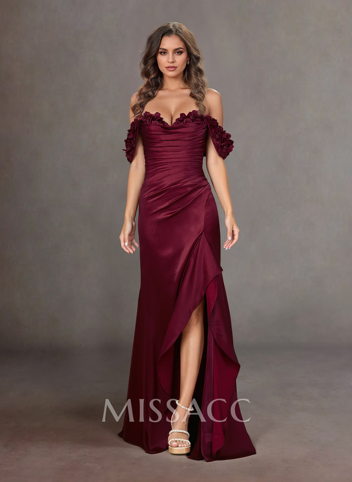 Elegant Ruched Off-The-Shoulder Floral Ruffle Silk Like Satin Mother Of The Bride Dresses
